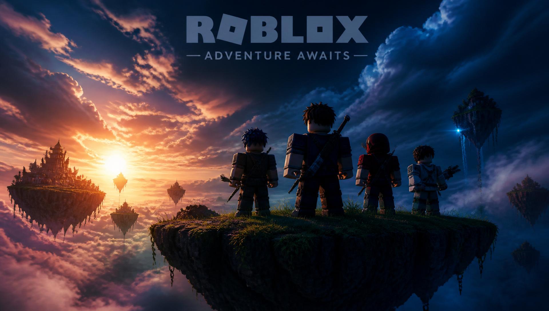 Cinematic Roblox trailer still with characters on a floating island